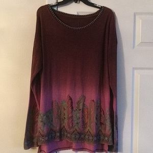 Double D Ranch Top Wine/Pink/Feathers/Beads/Emb.